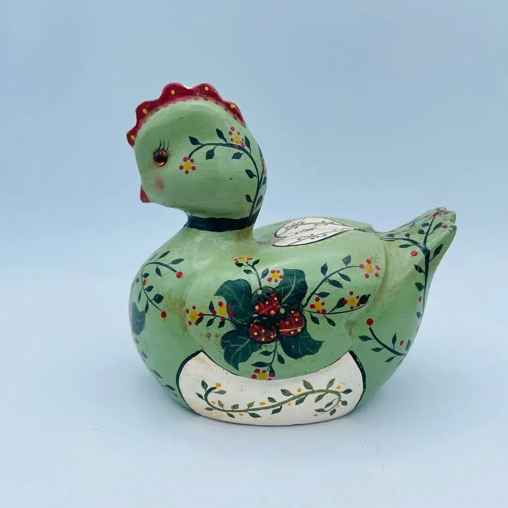 Vintage 1984 Hand Painted Wood 6” Hen Duck Decoy Planter Bowl Folk Art Signed M